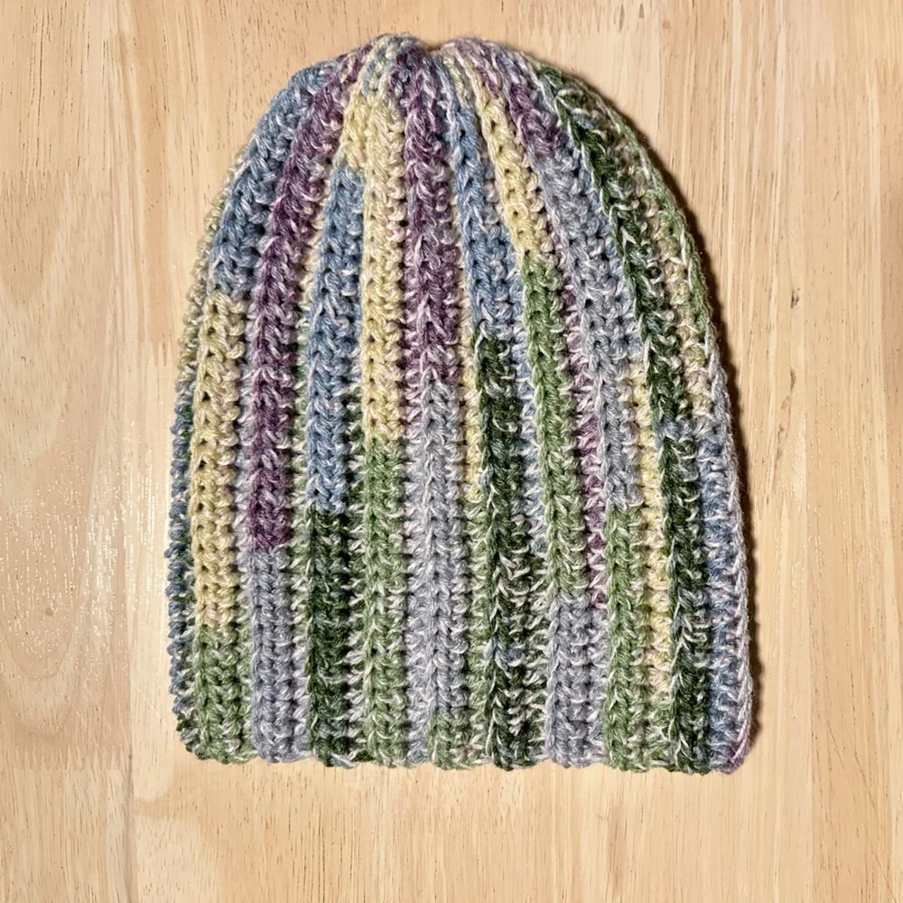 New Handmade Crochet Rib Beanie Fold over Hat Green Yellow Blue Purple Speckled - Picture 8 of 10
